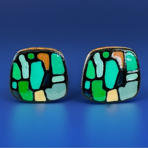 Eisenberg Jewelry - VTG Eisenberg Artist Series EARRINGS Square Mosaic Multicolored Enamel Clip On